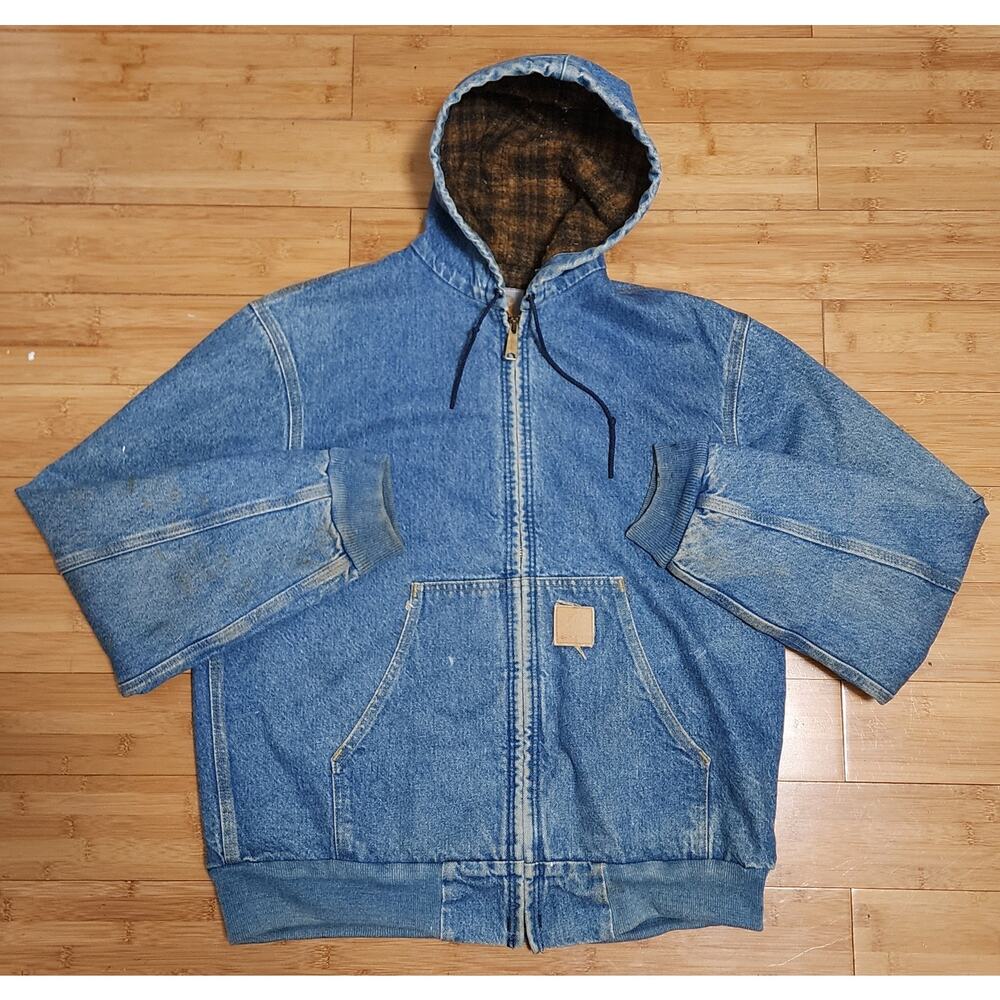 VTG Carhartt ASAP J08 DST Denim Flannel/Blanket Lined Hooded Jacket Mens Size M
